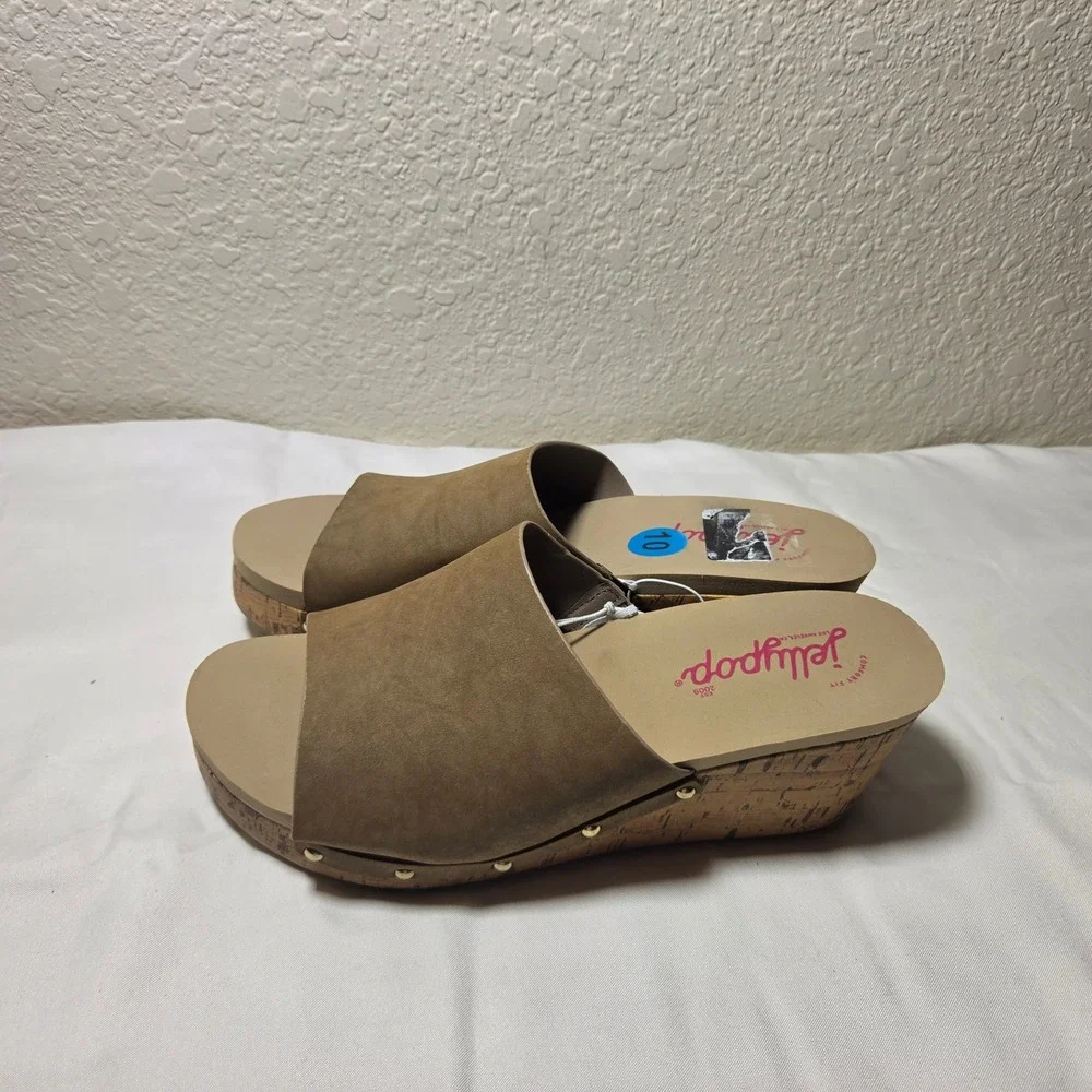 Jellypop Womens Tan Brown Faux Suede Cork Wedge Platform Slide Sandals Size 10